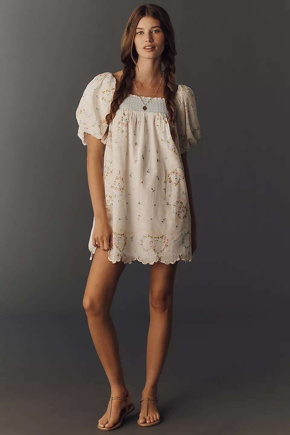 Embroidered Puff-Sleeve Babydoll Dress