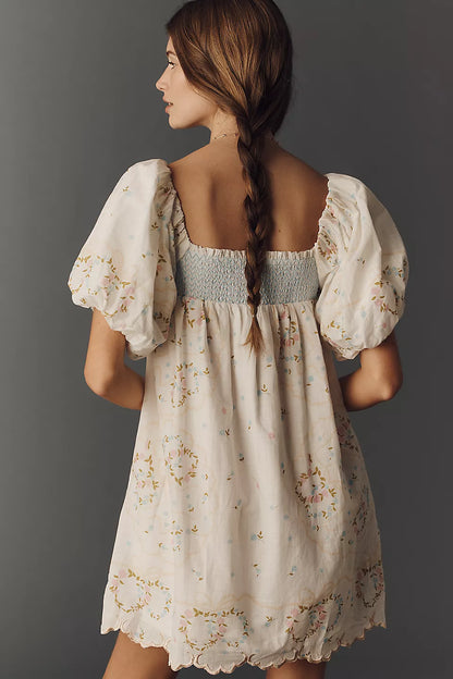 Embroidered Puff-Sleeve Babydoll Dress